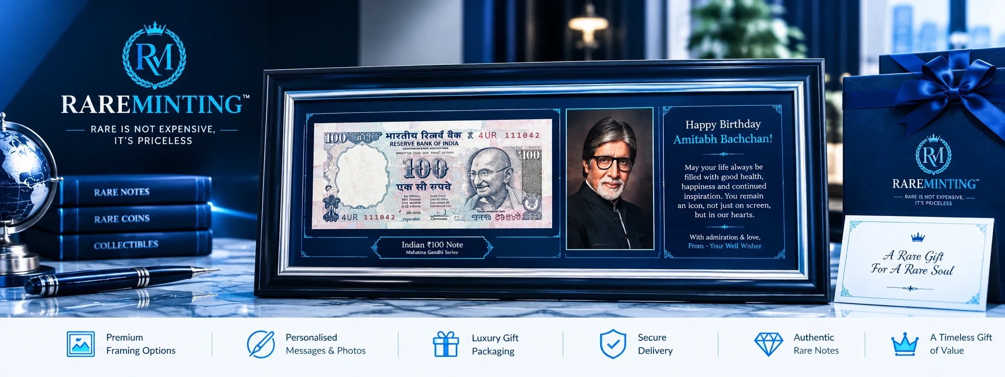 A framed Indian banknote beside a photograph and a birthday message, with a Rareminting gift box.